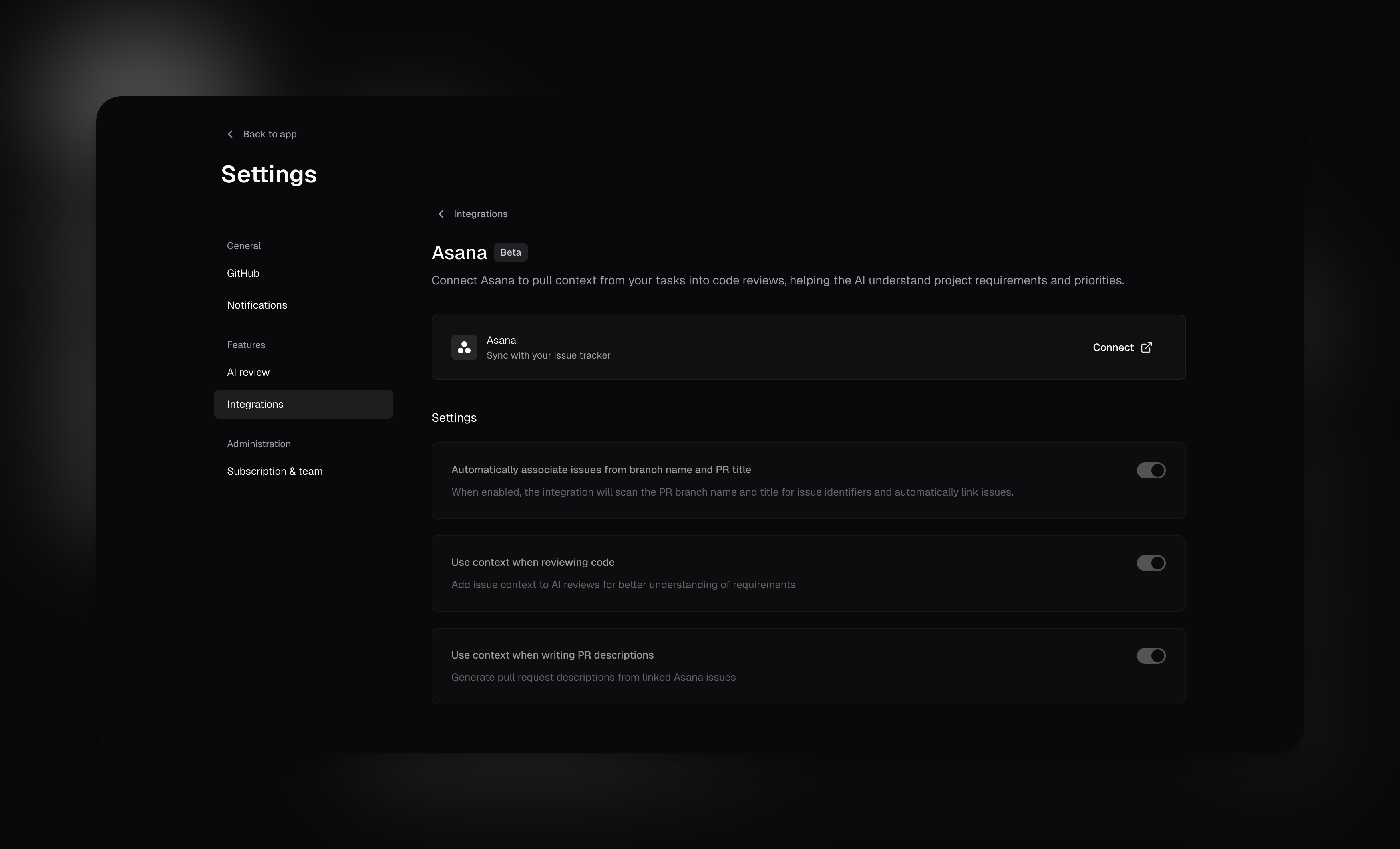 Asana integration settings page