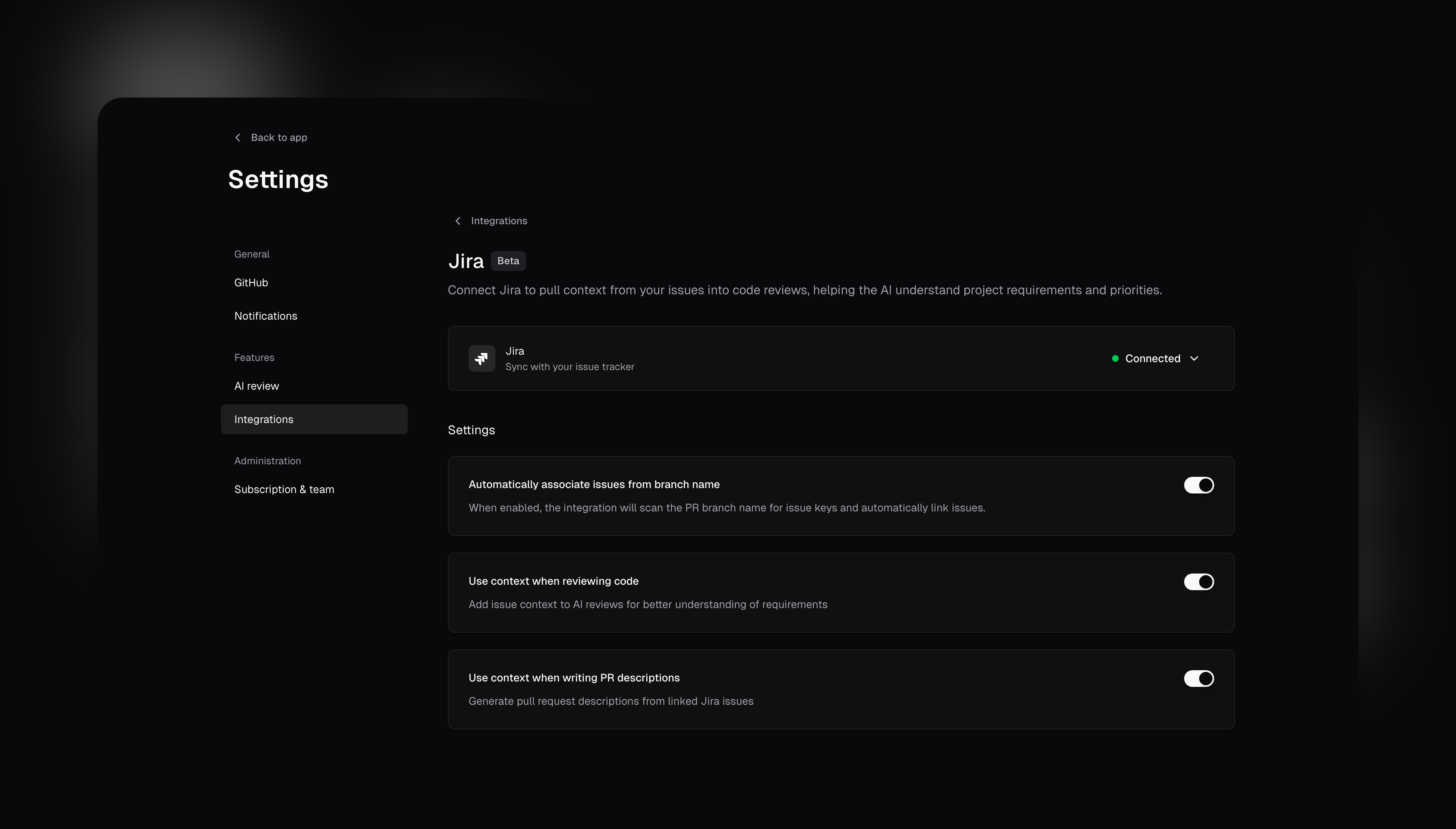 Jira integration settings page
