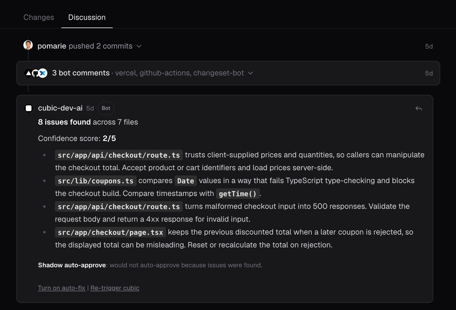 The Discussion tab with a row reading 3 bot comments for vercel, github-actions, and changeset-bot, between a commit group and cubic's review
