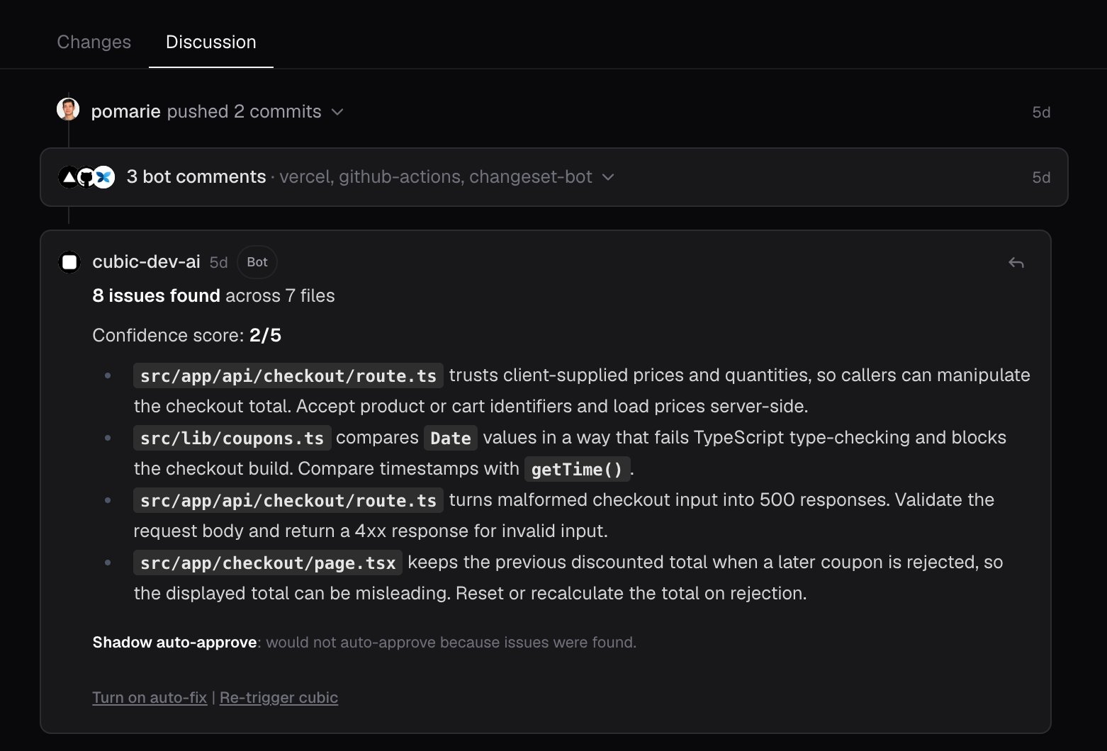The Discussion tab with a row reading 3 bot comments for vercel, github-actions, and changeset-bot, between a commit group and cubic's review