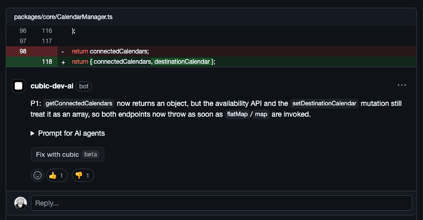 AI review comment showing thumbs up and thumbs down feedback buttons