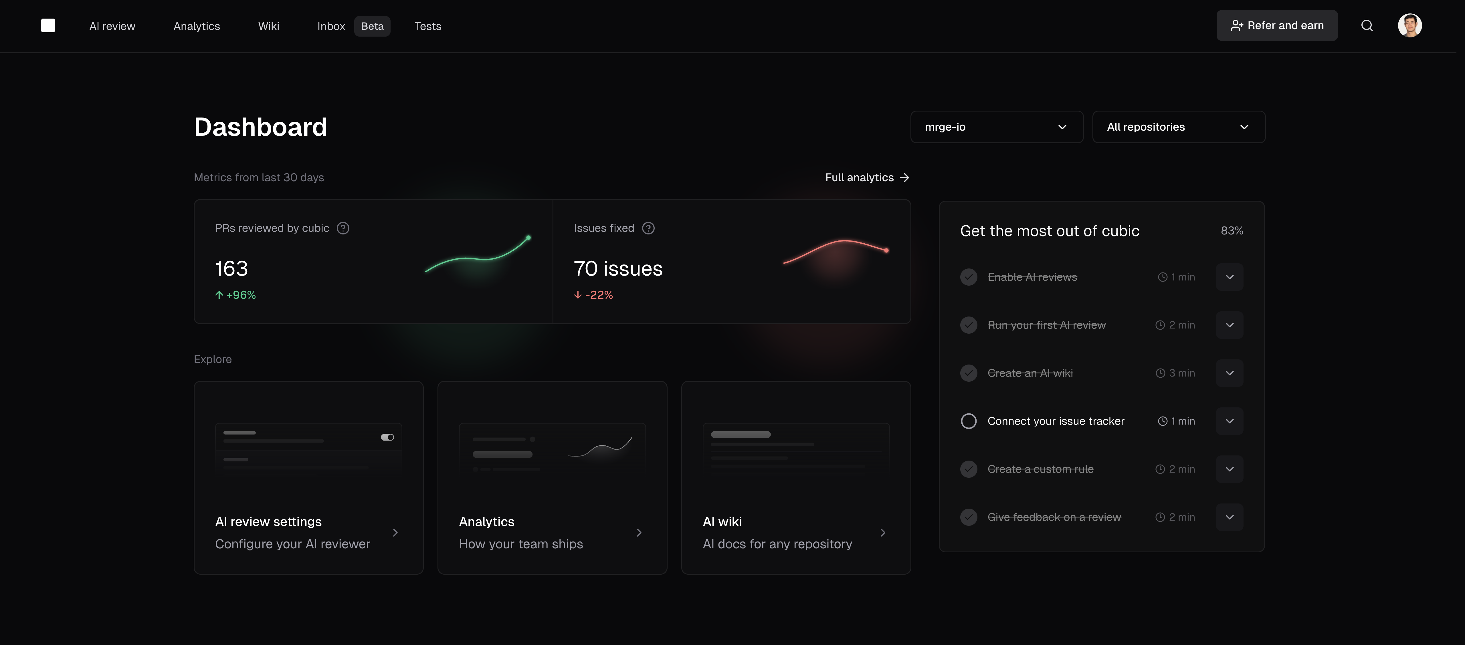 Dashboard home page showing key metrics and next steps