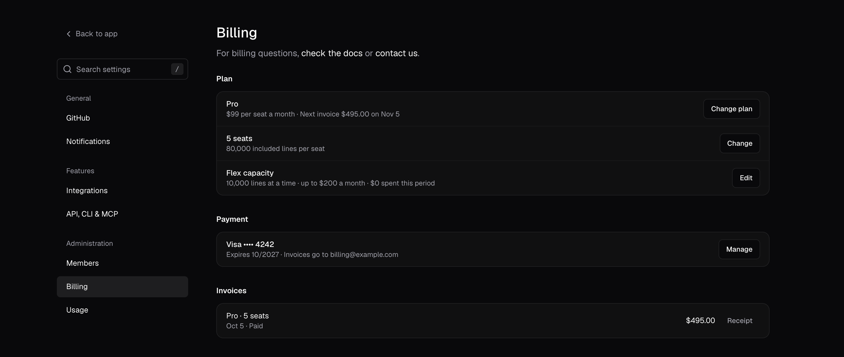 Settings > Billing with the Pro plan, 5 seats, flex capacity, the payment method, and one paid invoice