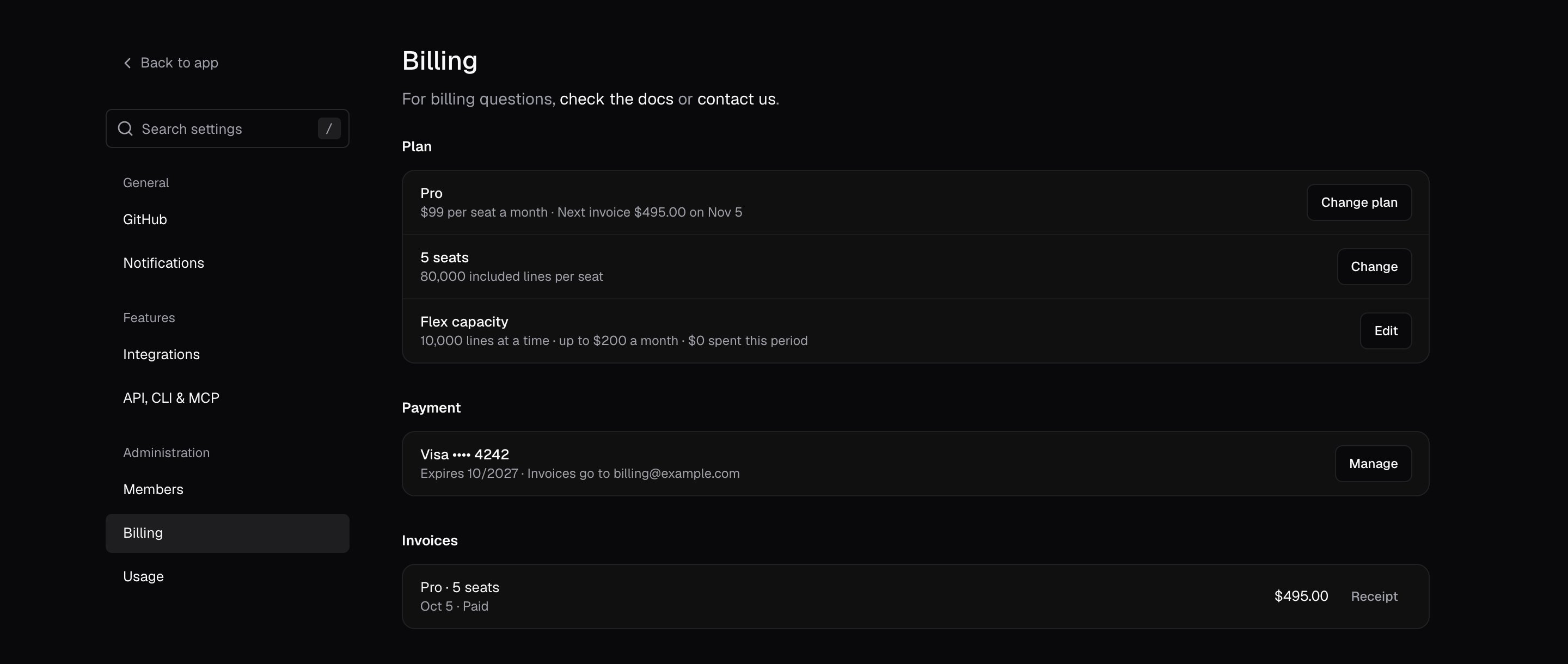 Settings > Billing with the Pro plan, 5 seats, flex capacity, the payment method, and one paid invoice