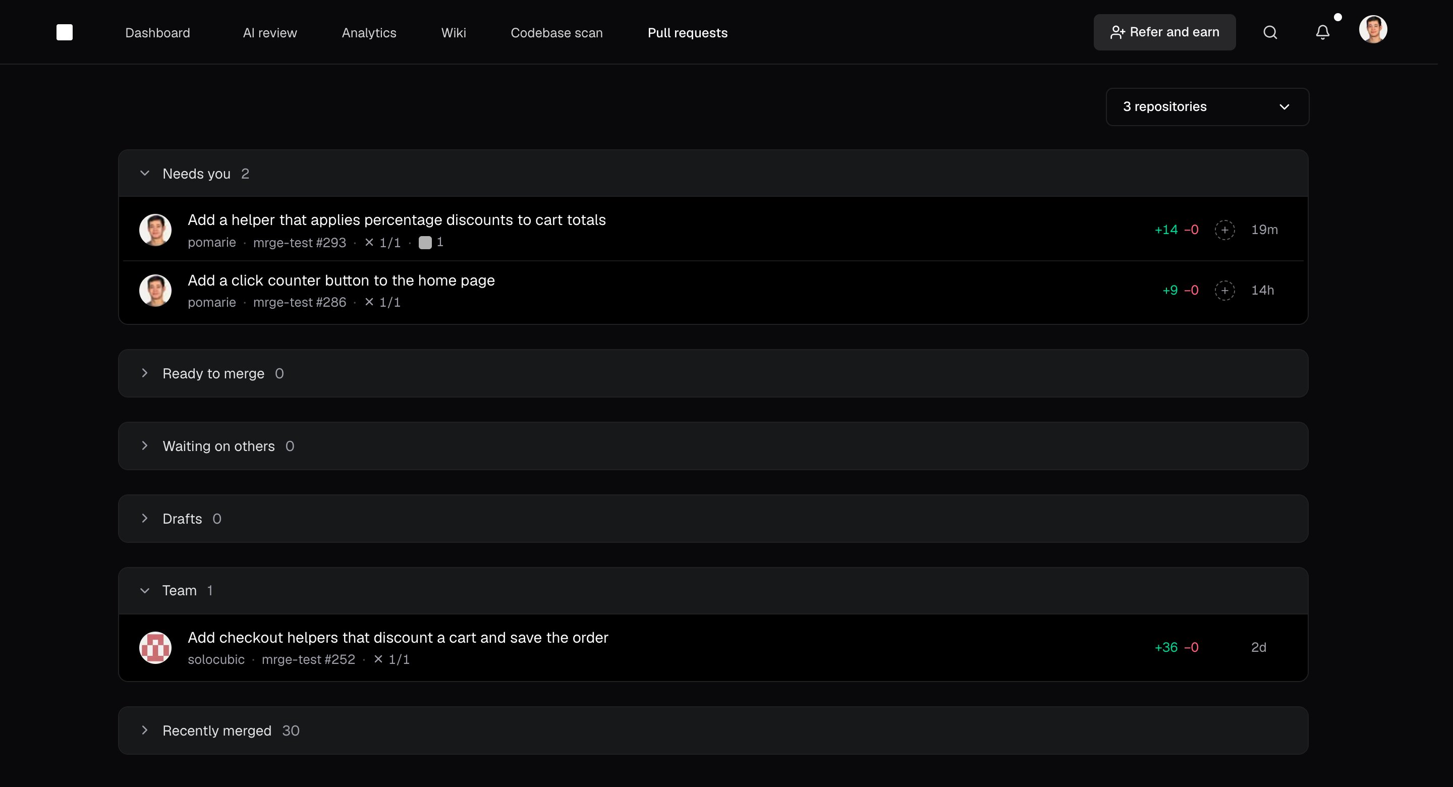 The inbox with Needs you, Ready to merge, Waiting on others, Drafts, Team, and Recently merged sections