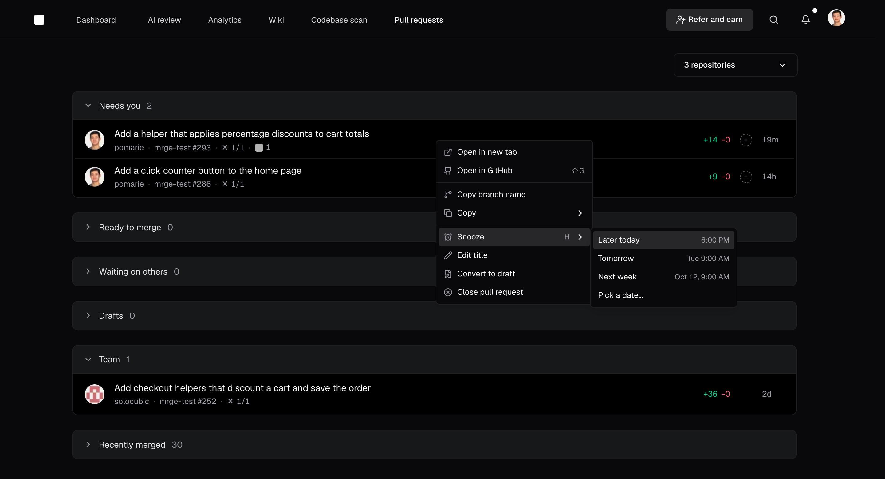 A PR's right-click menu in the inbox with Snooze open: Later today, Tomorrow, Next week, and Pick a date