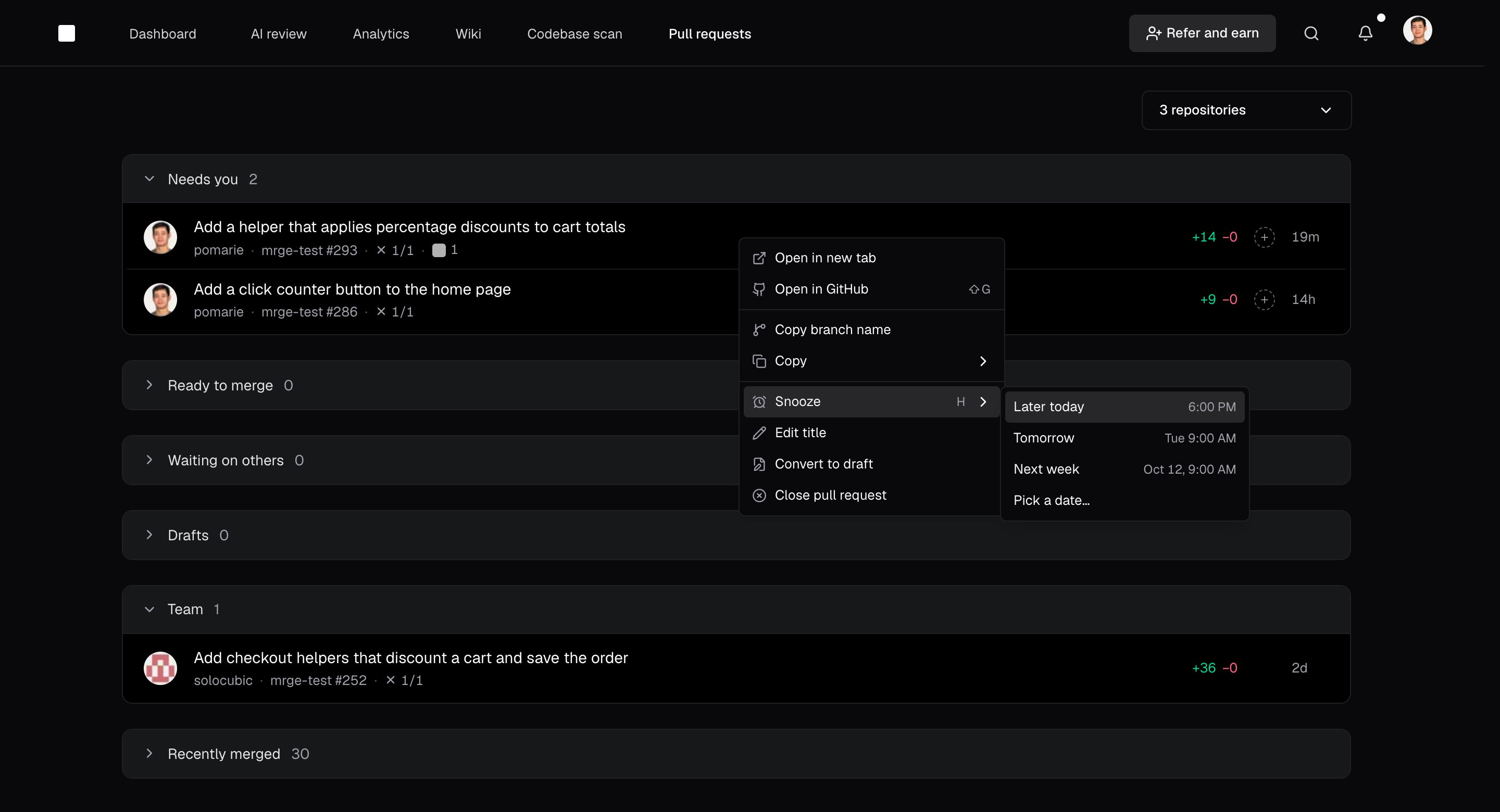 A PR's right-click menu in the inbox with Snooze open: Later today, Tomorrow, Next week, and Pick a date