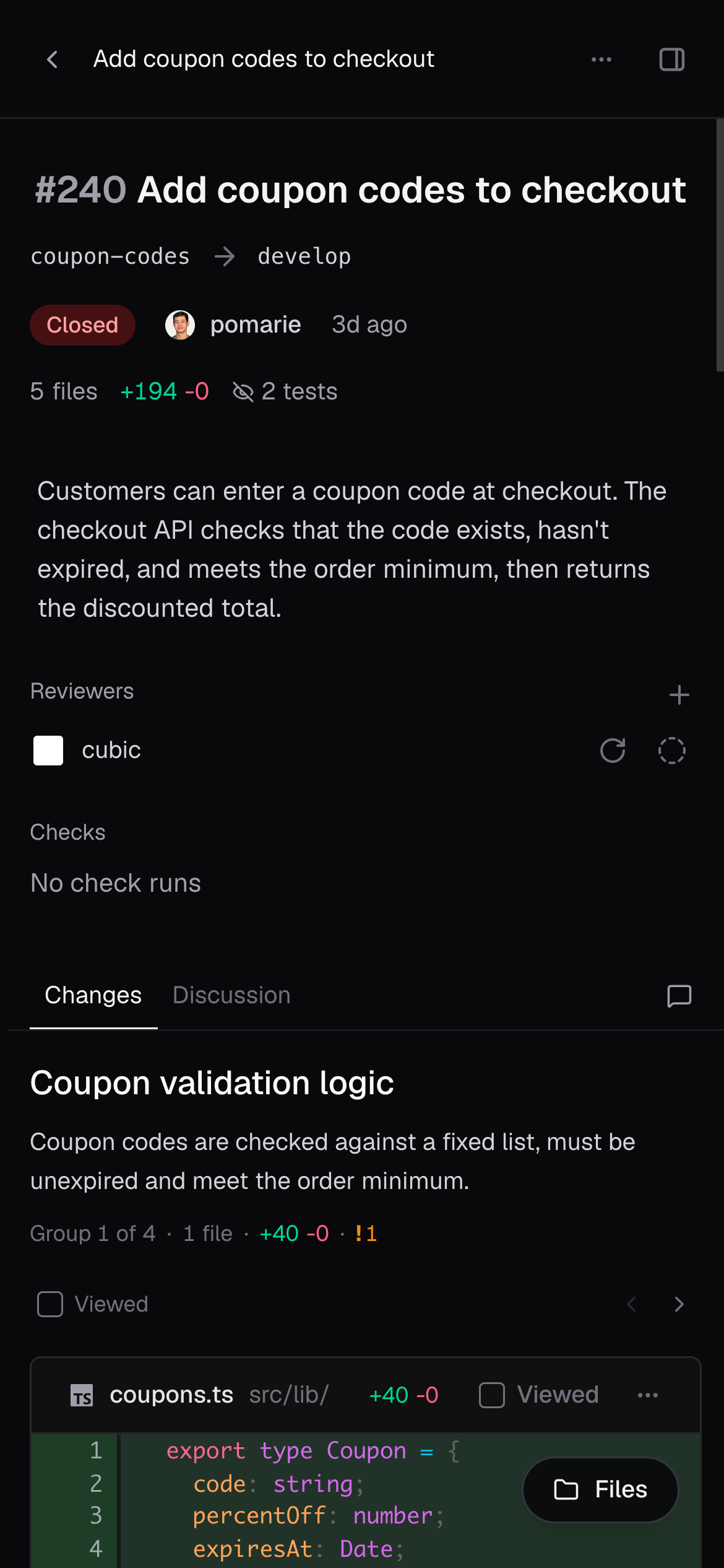 The PR page on a phone, with the title, reviewers, checks, and the first file group