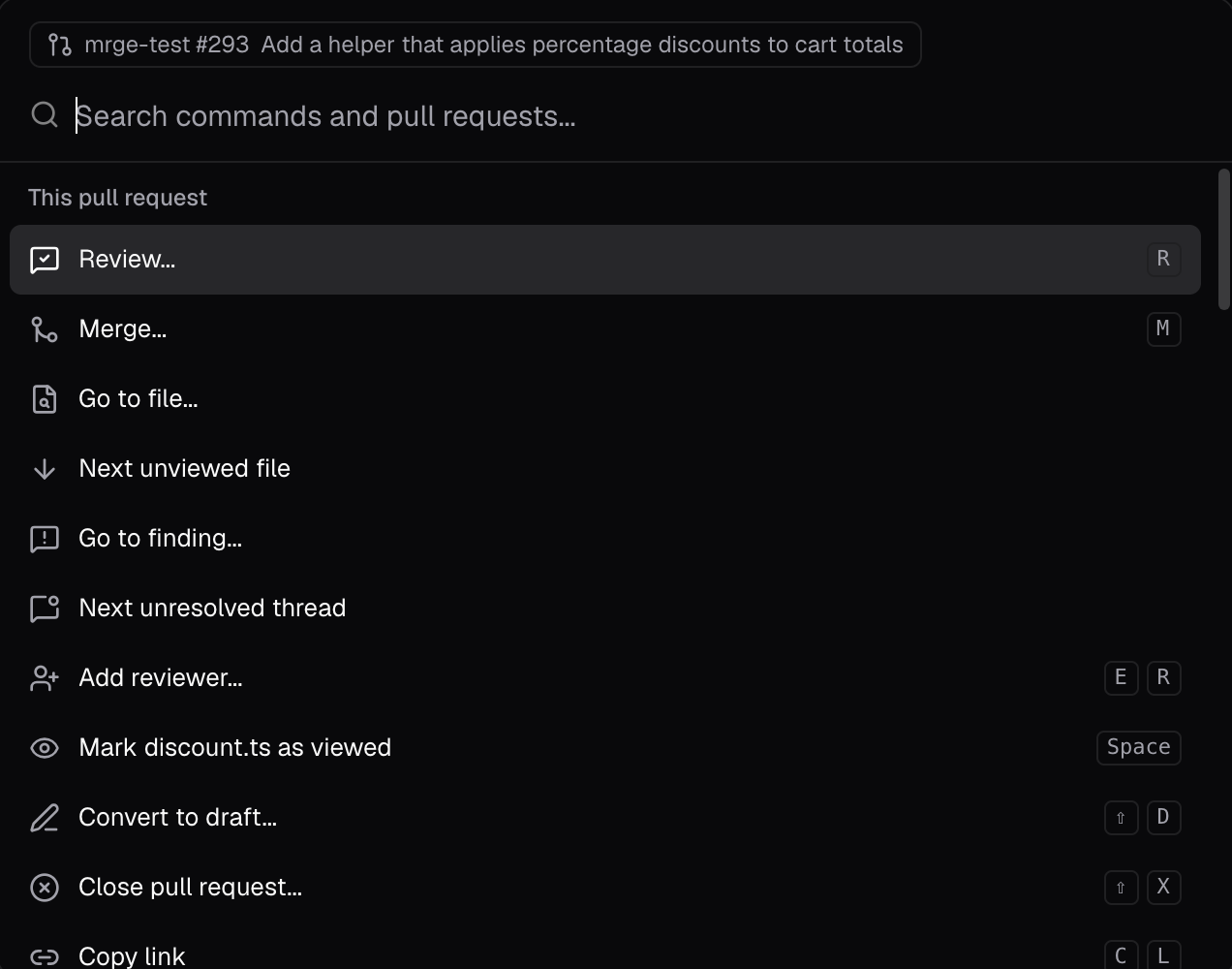 The command bar on a PR page, listing Review, Merge, Go to file, and other actions for that PR