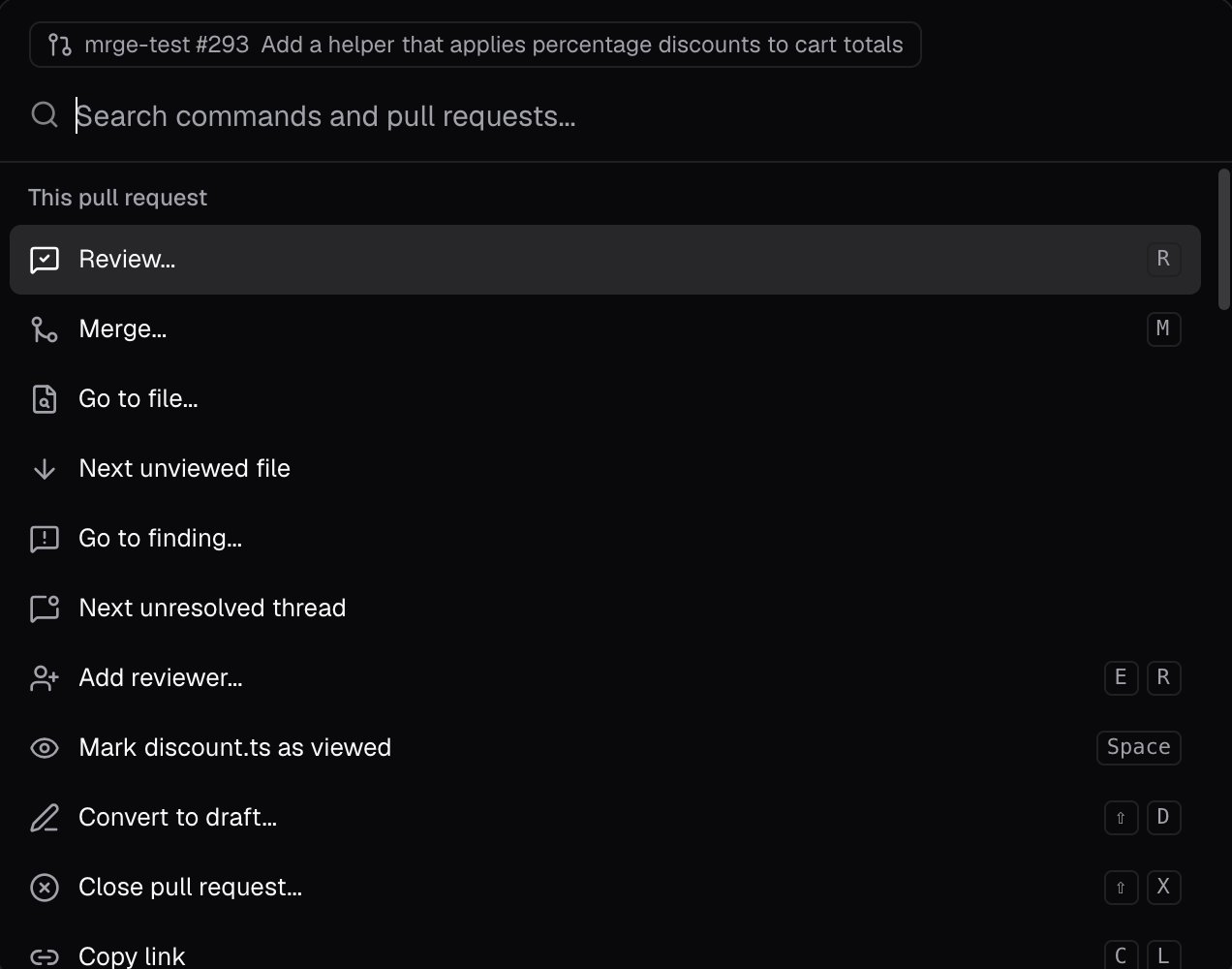 The command bar on a PR page, listing Review, Merge, Go to file, and other actions for that PR