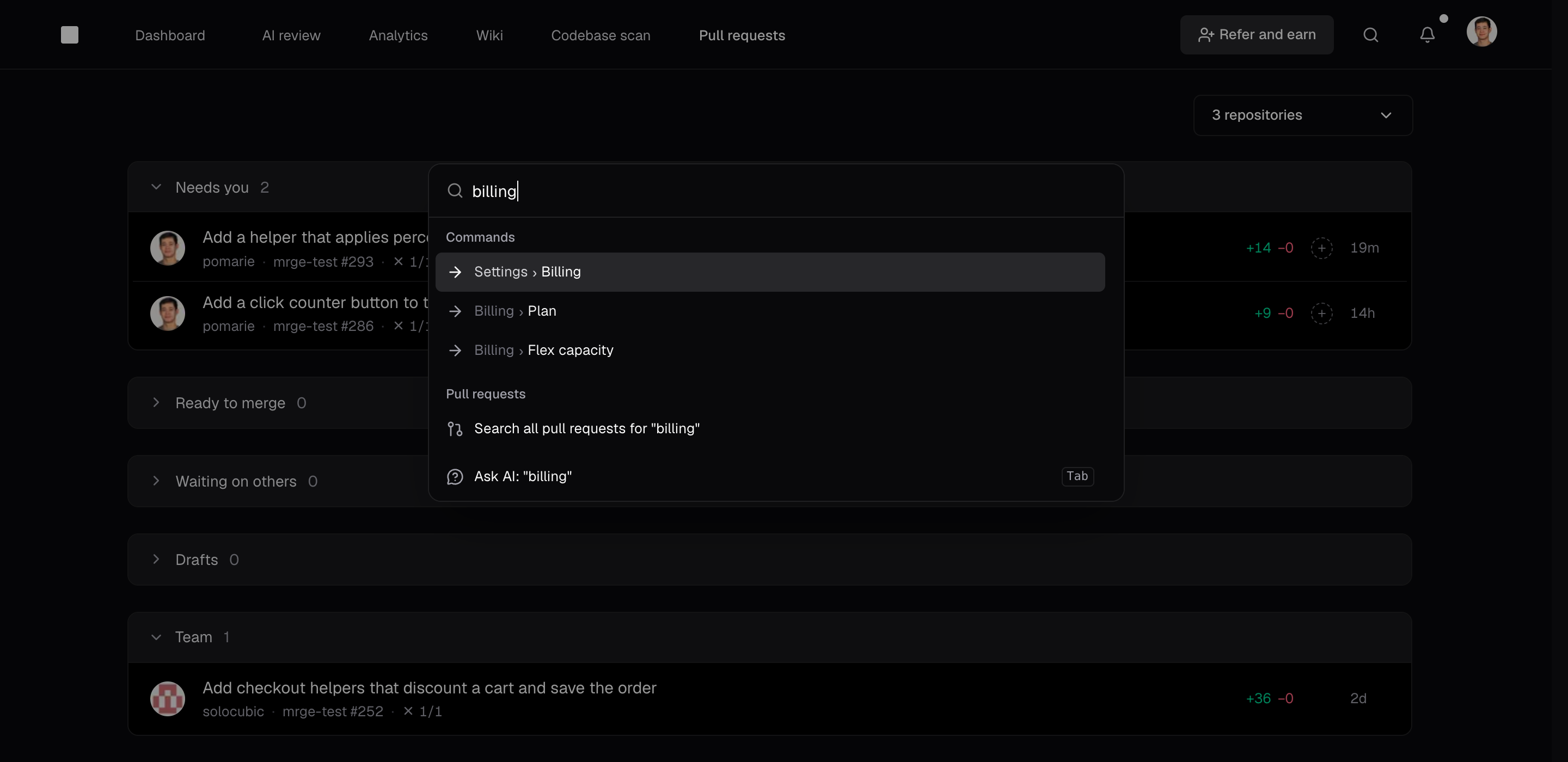 The command bar with billing typed, listing Settings > Billing and the Plan and Flex capacity settings