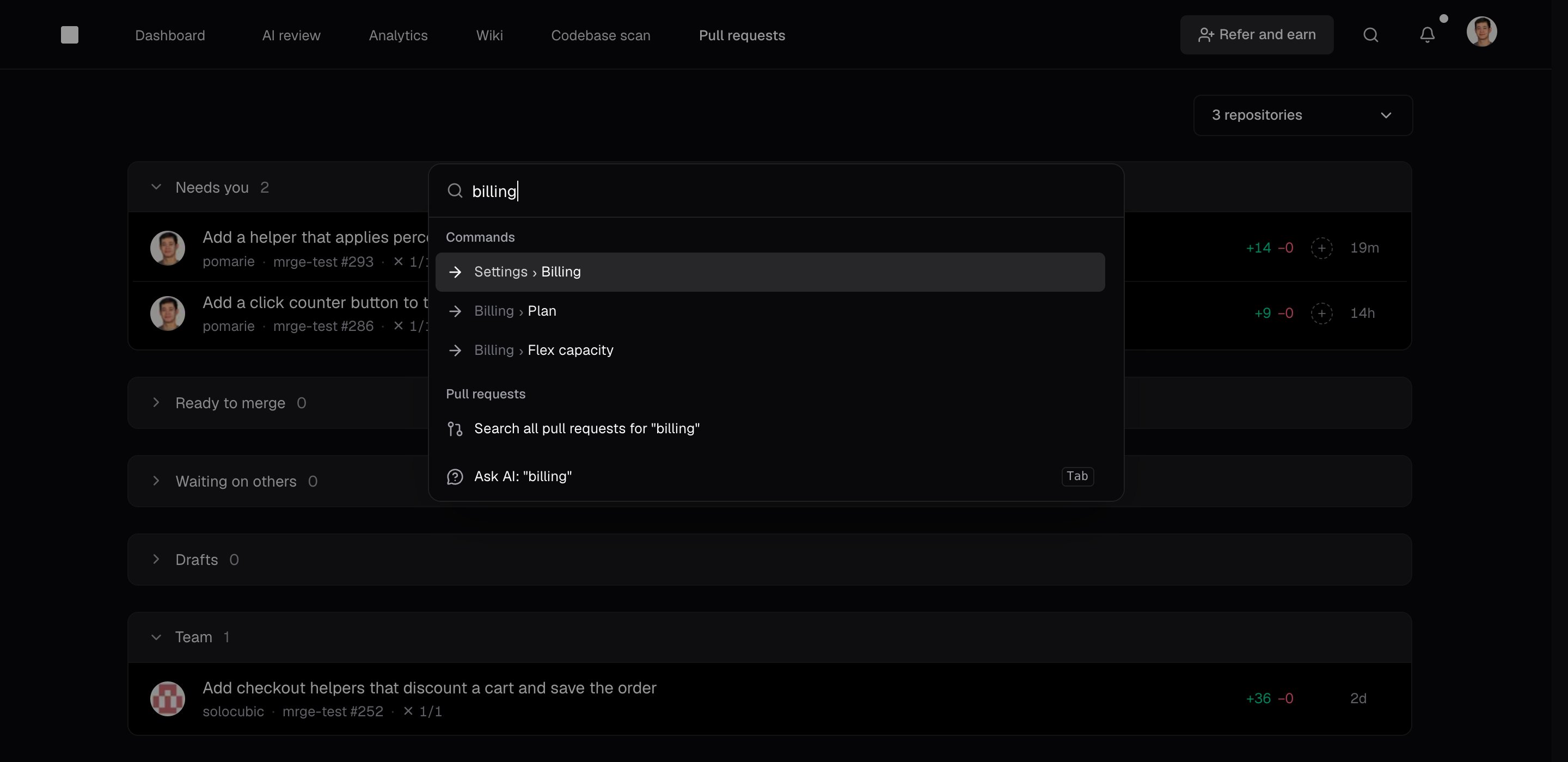 The command bar with billing typed, listing Settings > Billing and the Plan and Flex capacity settings