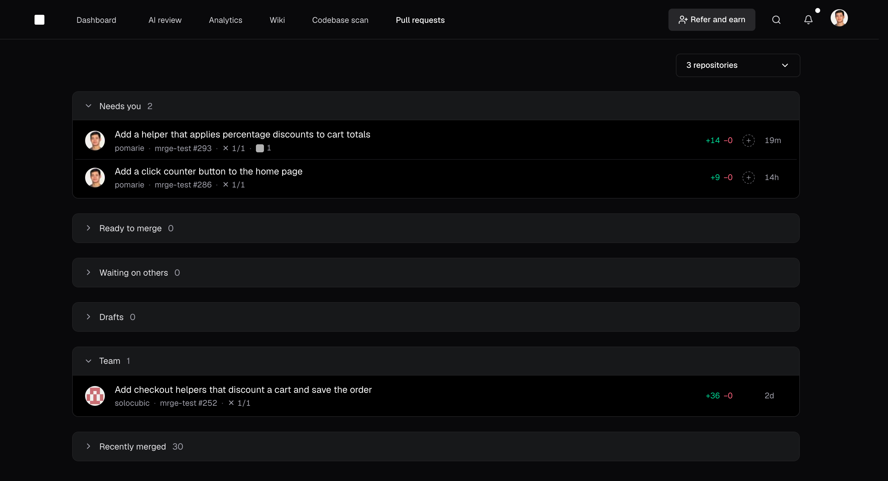 The inbox with Needs you, Ready to merge, Waiting on others, Drafts, Team, and Recently merged sections