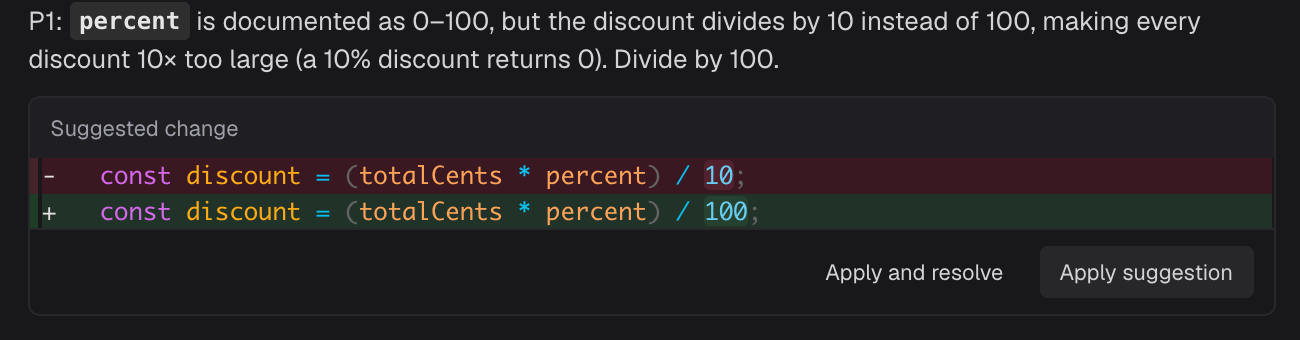 A suggested change that replaces / 10 with / 100, with only the changed number highlighted