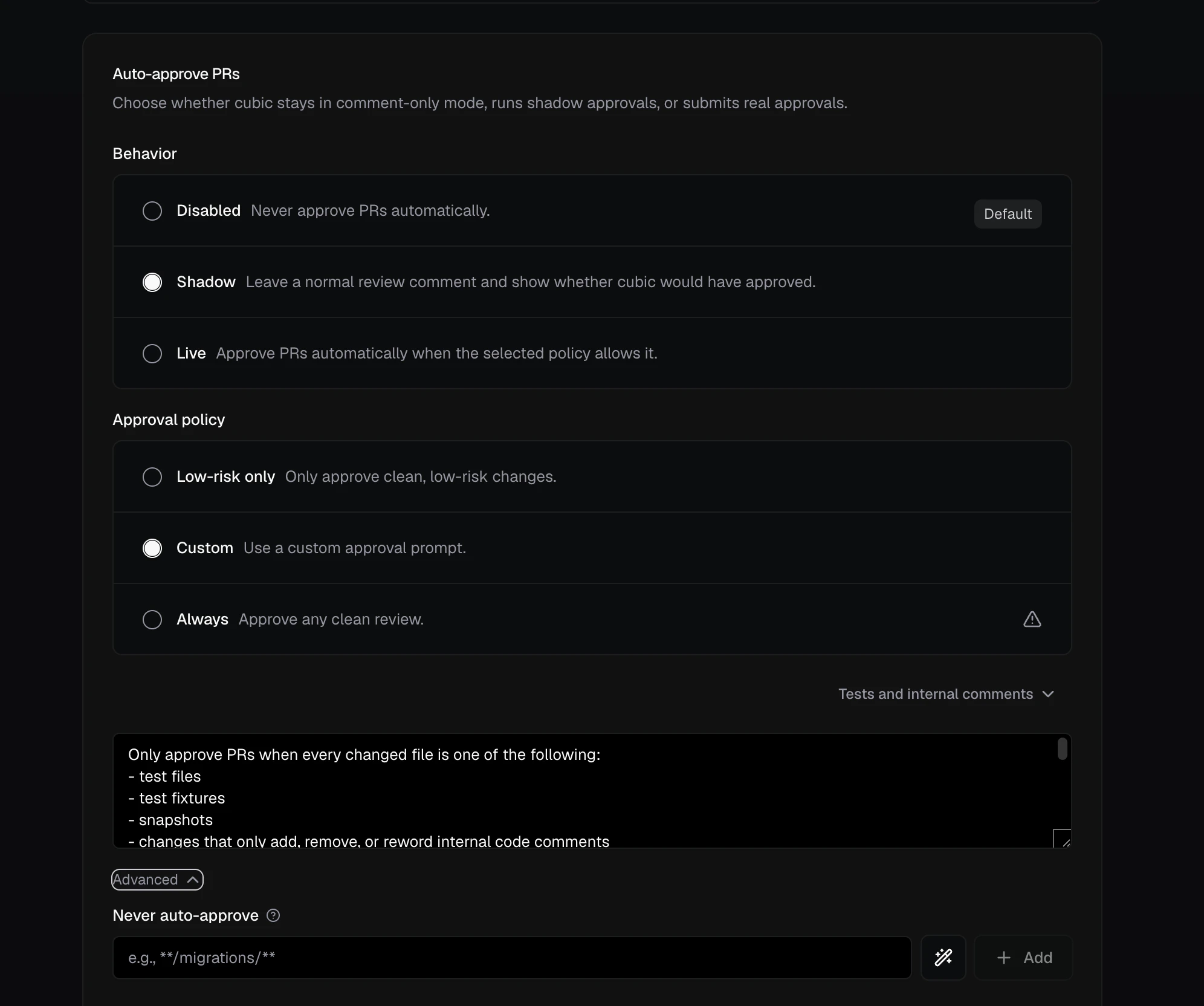 Auto-approve PR settings showing Shadow behavior, Custom approval policy, a custom prompt, and never-auto-approve rules