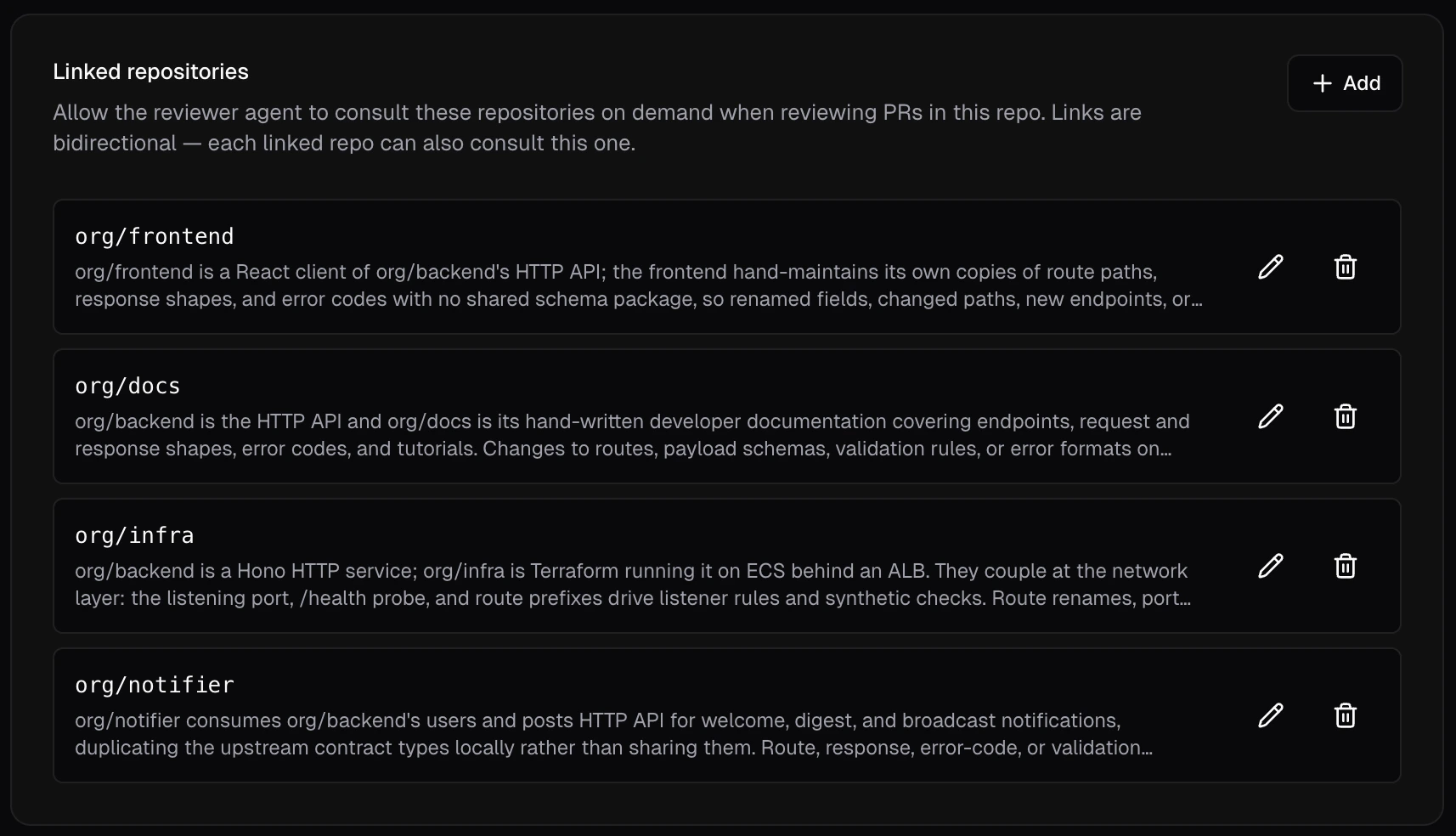 Cross-repo reviews card in AI review settings with several configured links