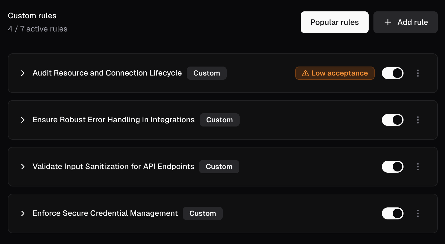 Custom rules list showing a rule with a low acceptance badge