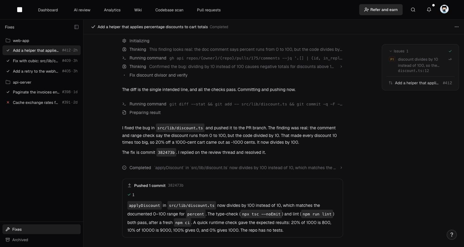 An auto-fix run's fix session in cubic, showing the agent's steps and the pushed fix