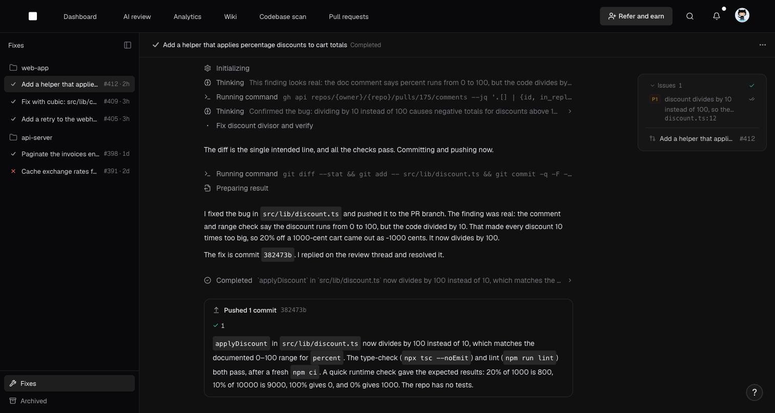 An auto-fix run's fix session in cubic, showing the agent's steps and the pushed fix