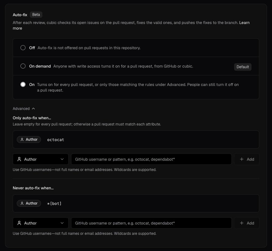 Auto-fix card set to On, with an Only auto-fix rule for one author and a Never auto-fix rule for bots