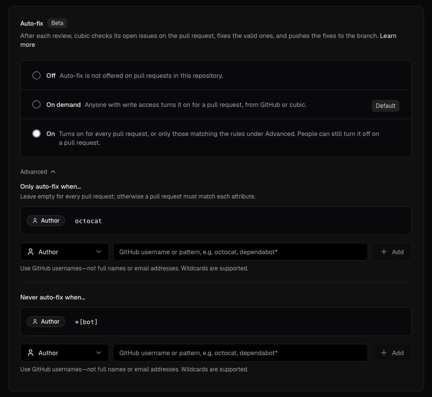 Auto-fix card set to On, with an Only auto-fix rule for one author and a Never auto-fix rule for bots