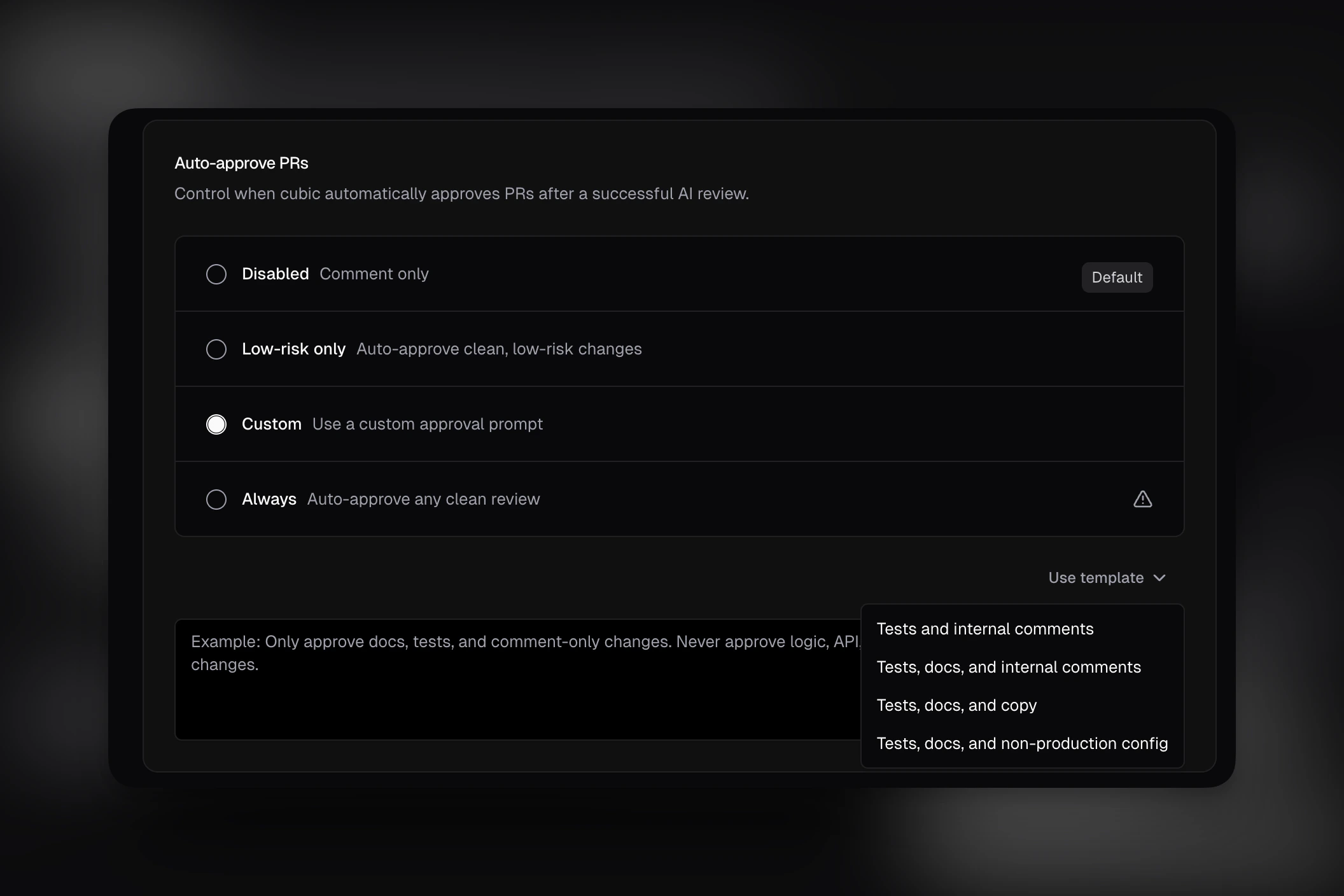 Auto-approve PR settings with custom prompt templates
