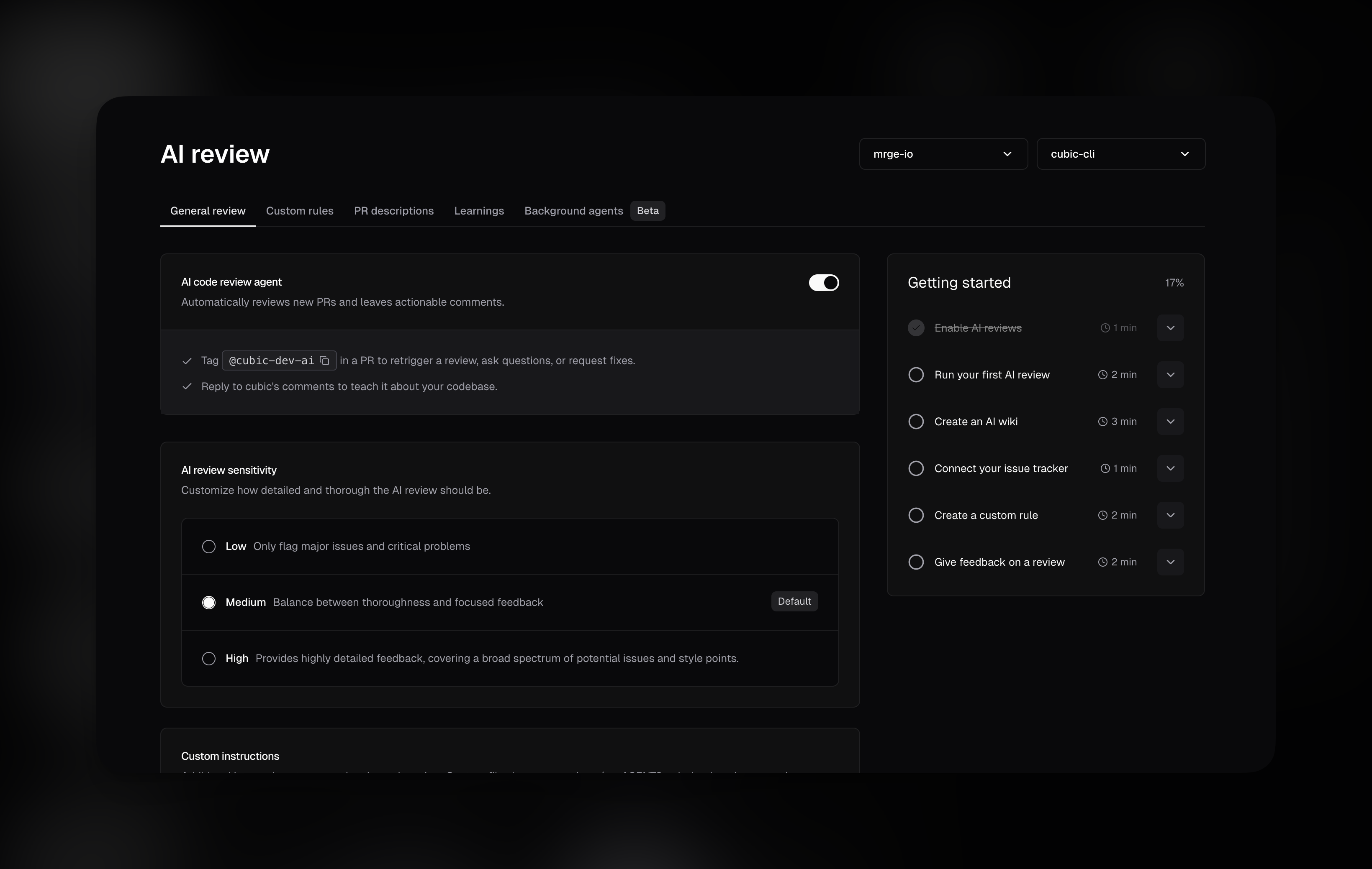 AI review settings interface showing simplified navigation
