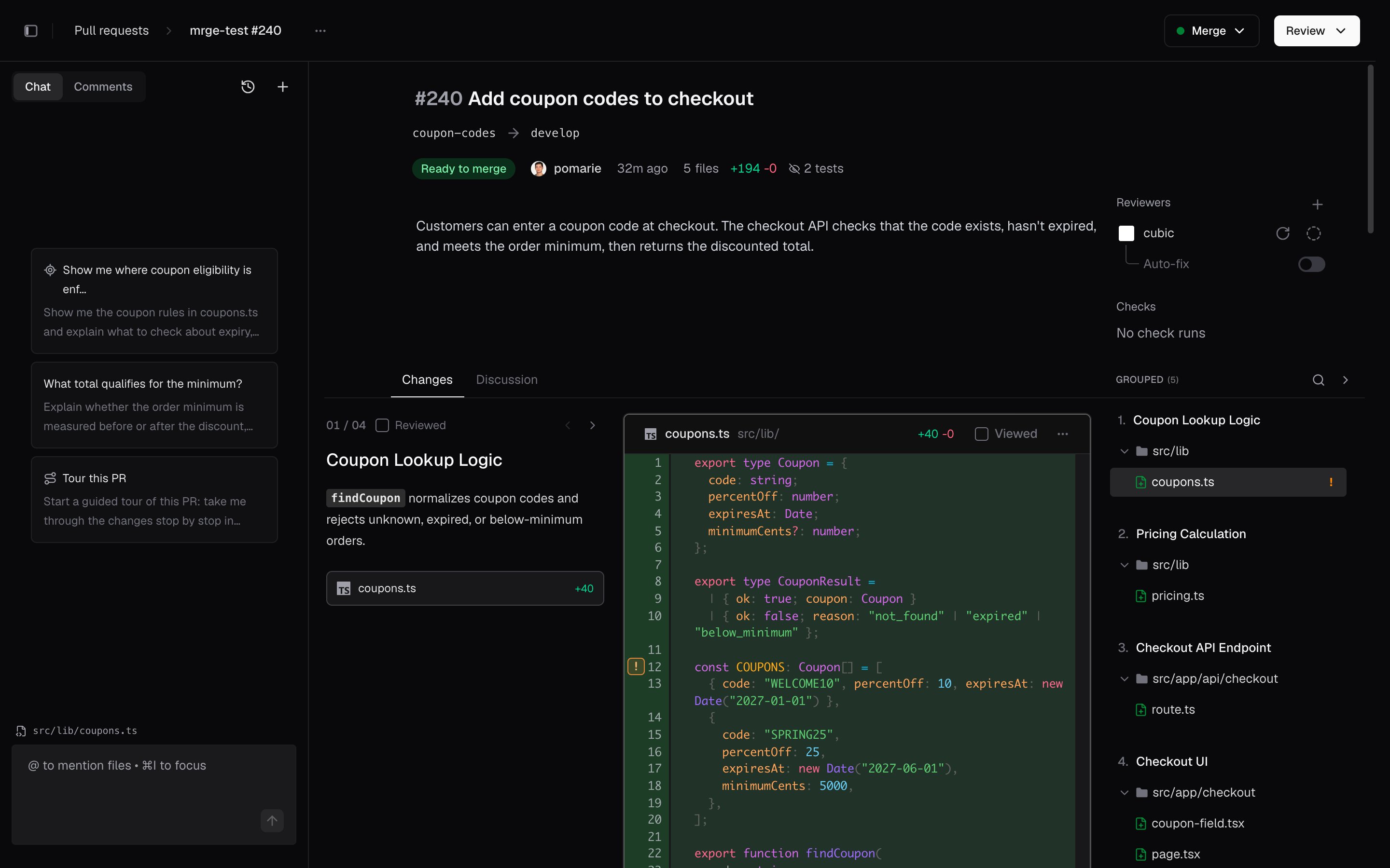 A pull request in cubic: suggested questions in AI chat, the first of four file groups with its explanation and diff, and the grouped file list