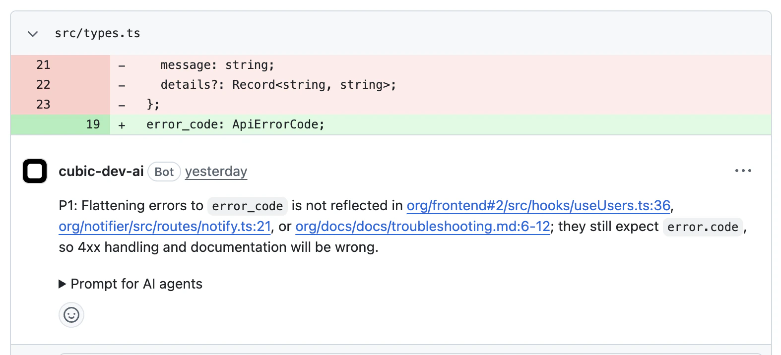 A cross-repo finding comment on a PR citing files in three linked repositories