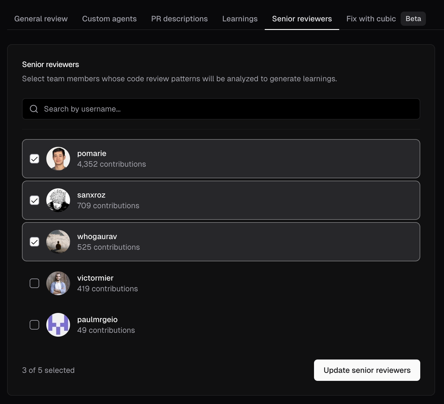 Senior reviewers tab