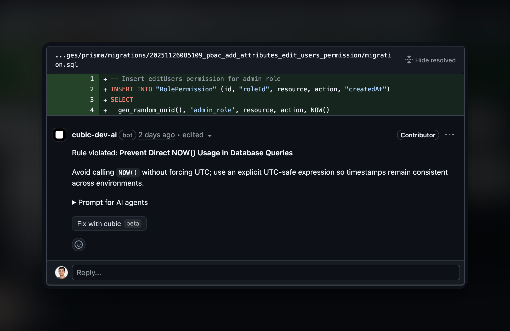 Review comment showing which custom agent triggered the feedback