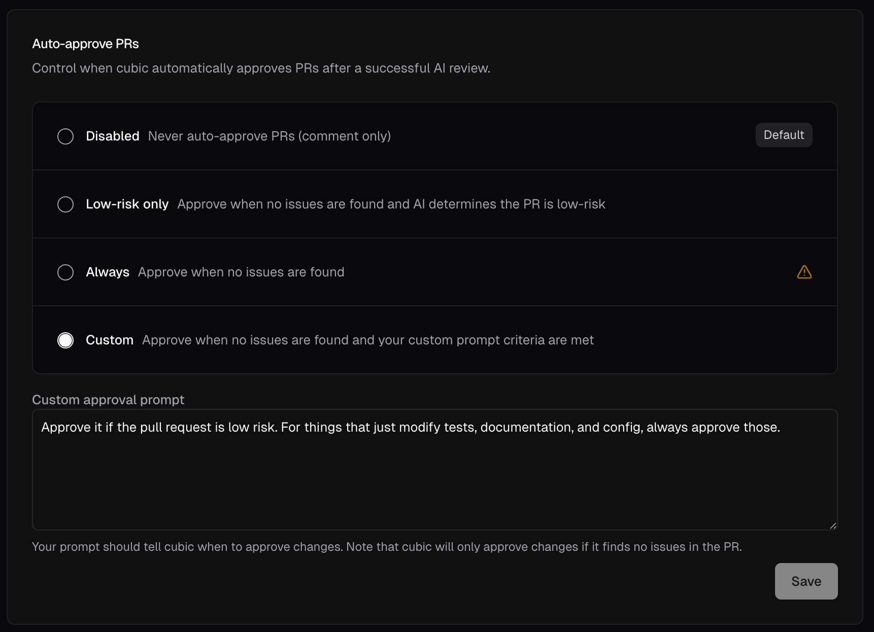 Auto-approve PRs settings showing Disabled, Low-risk only, Always, and Custom options