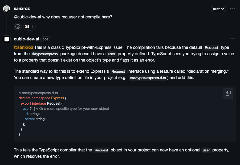 cubic answering a question about React 19 using real-time documentation