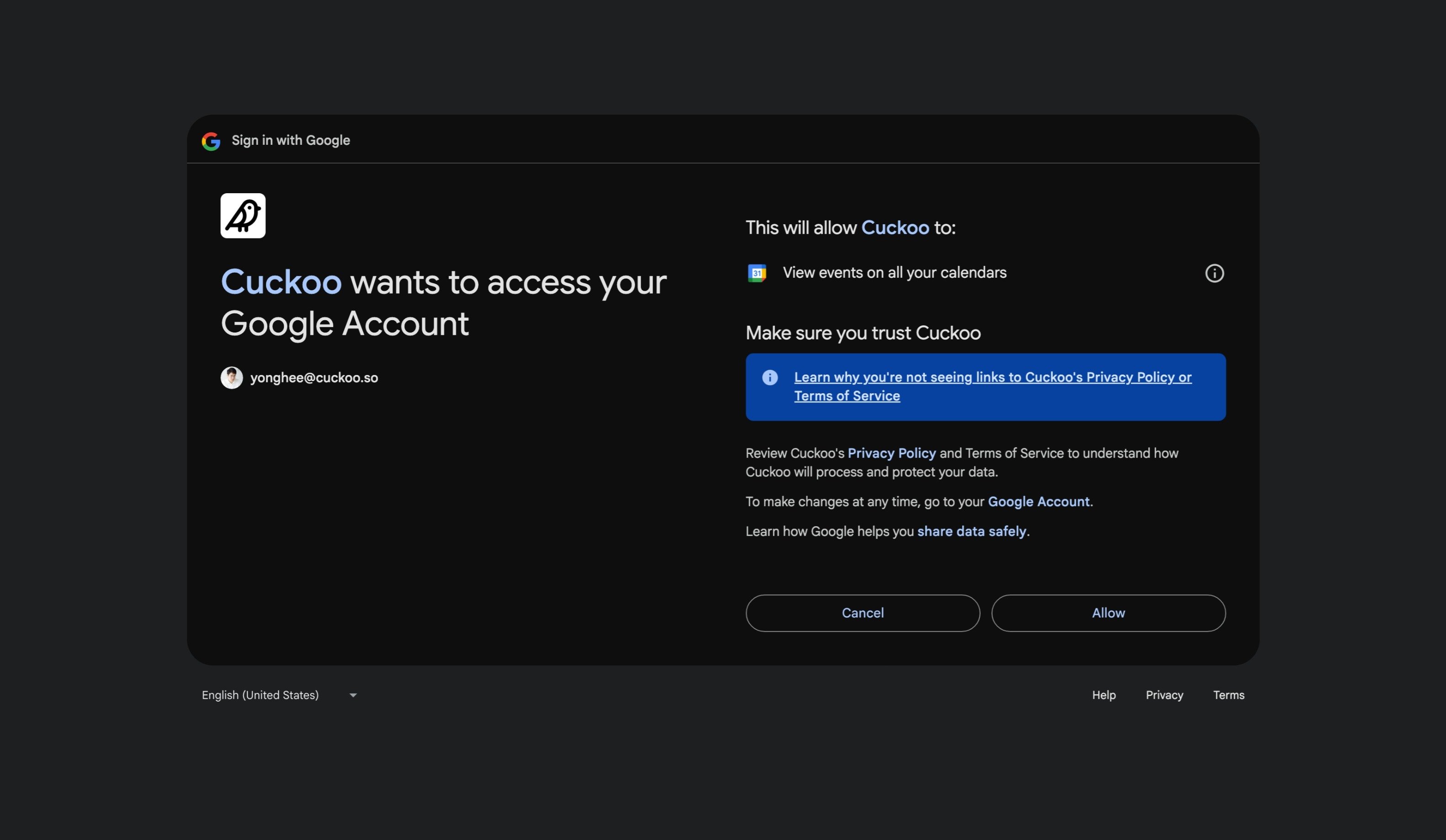 Allow Cuckoo to access your Google Account
