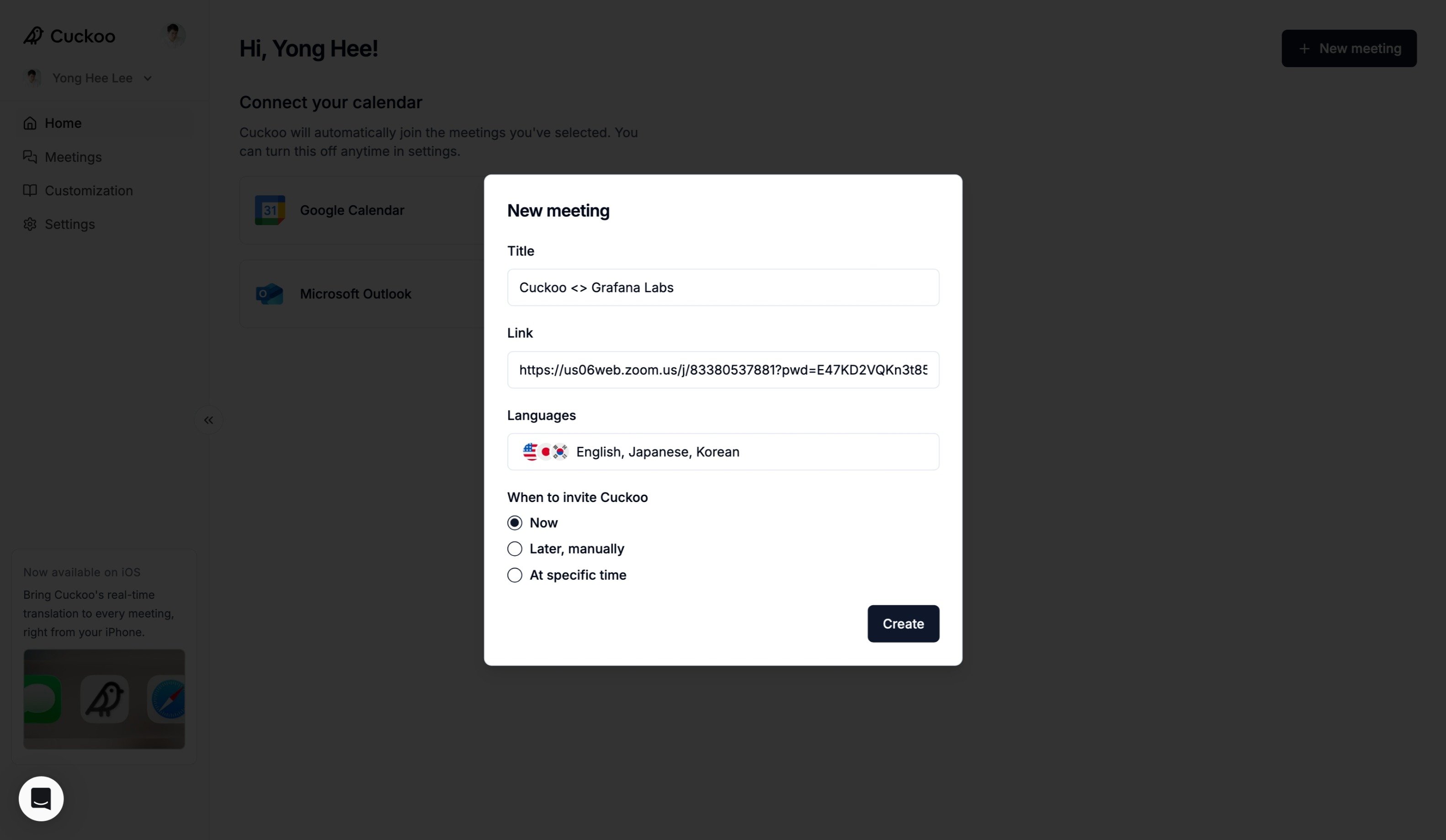 click New meeting and select the meeting platform