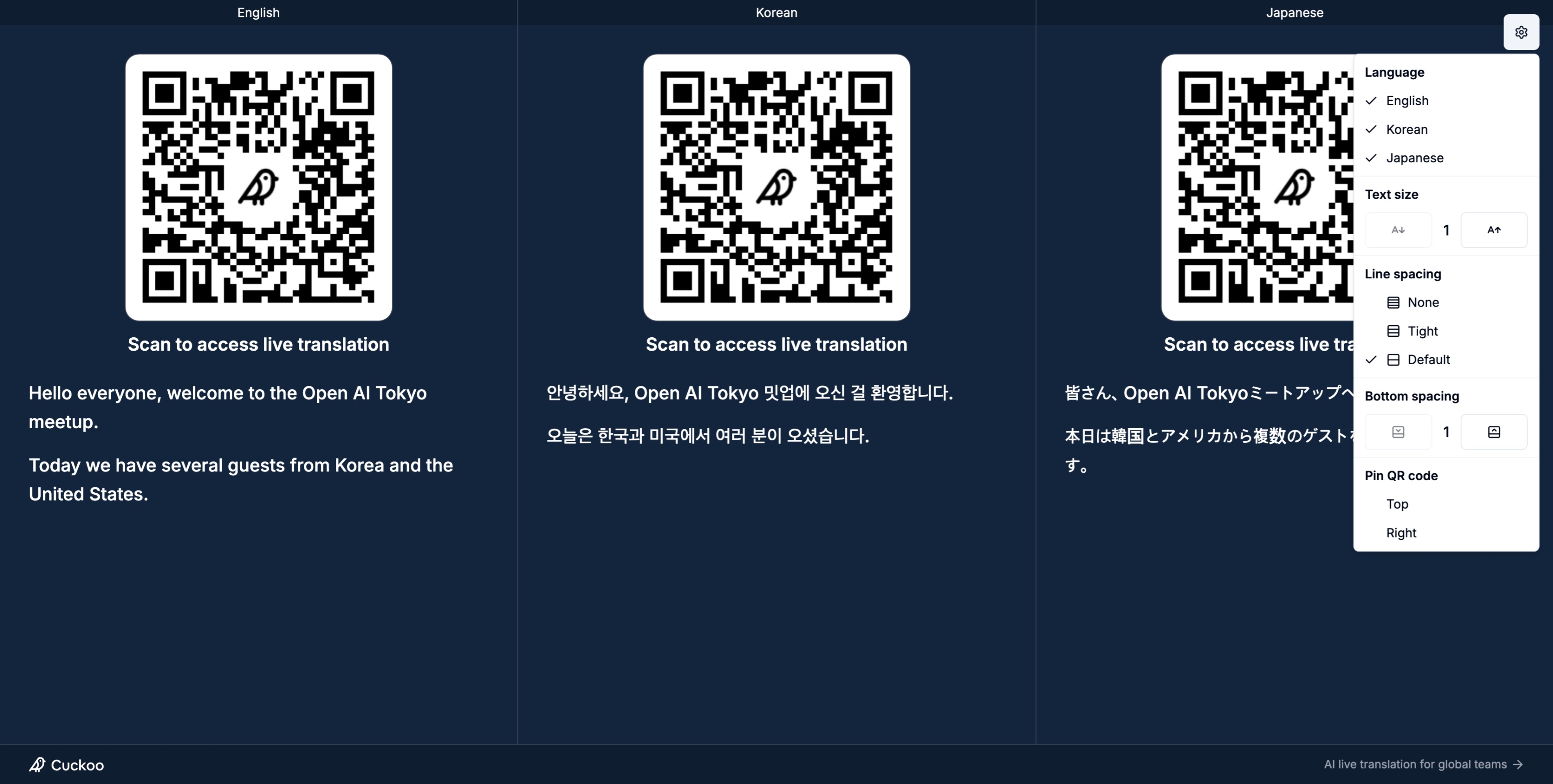 Wide display view with language settings