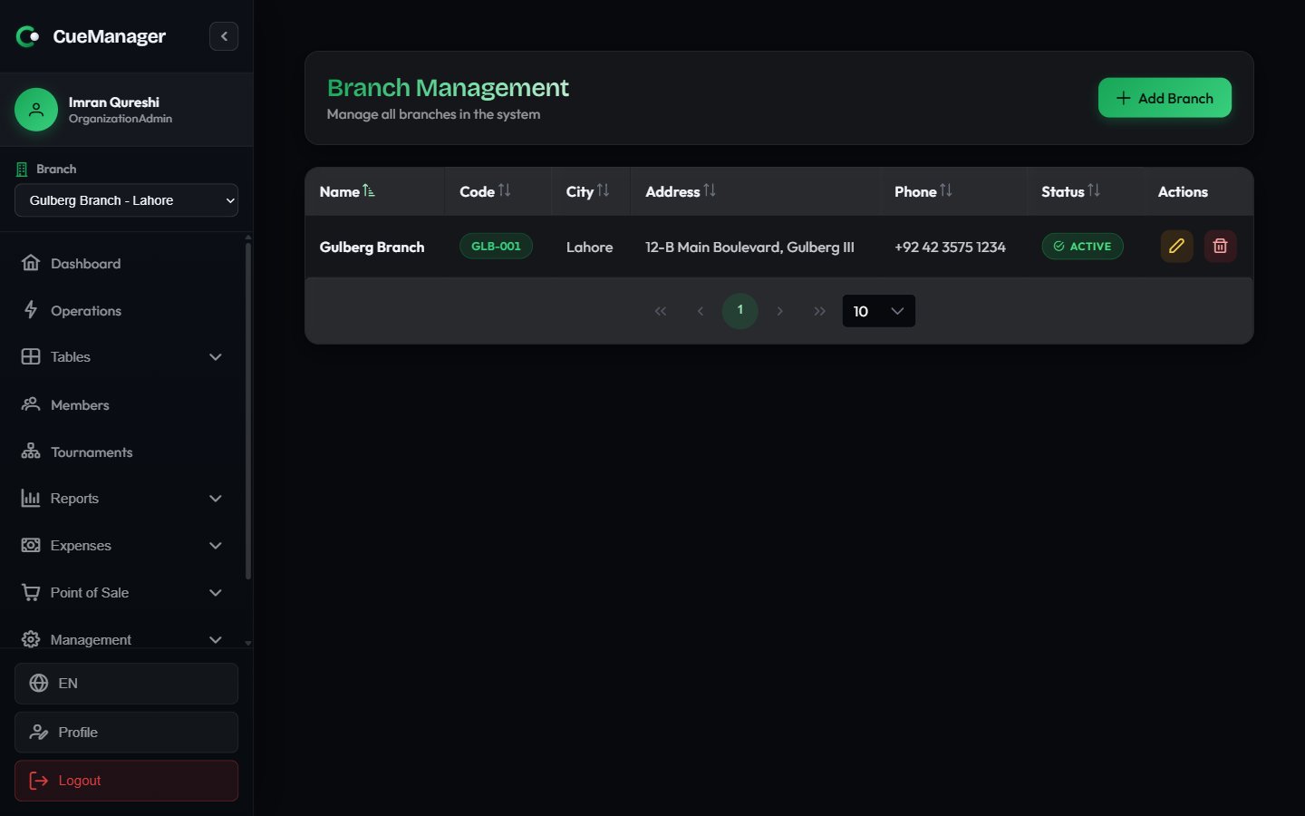 Branch Management page listing branches with name, code, city, address, phone, and status columns