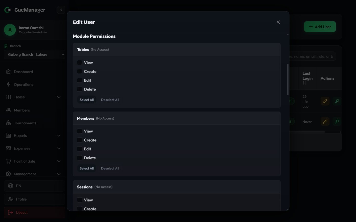 Create User dialog showing the Module Permissions matrix with checkboxes for each module
