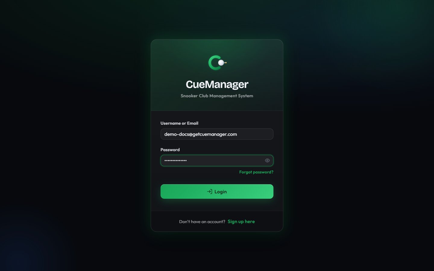 CueManager sign-in page with username or email, password, and the forgot password link