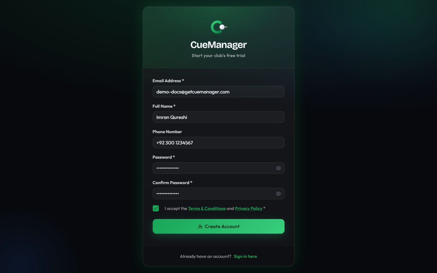 CueManager registration form with email, full name, phone, password, confirm password, and terms checkbox