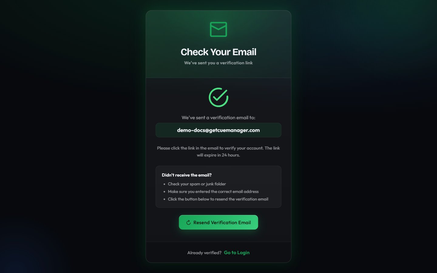 Email verification screen confirming the account is now active