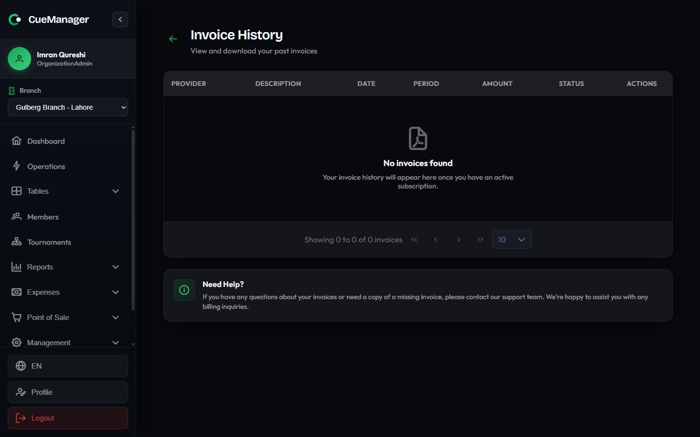 Invoice History page listing invoices with provider, description, date, period, amount, and status