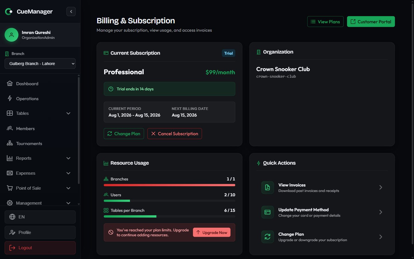 Billing and Subscription page with the current subscription card, organization details, and resource usage bars
