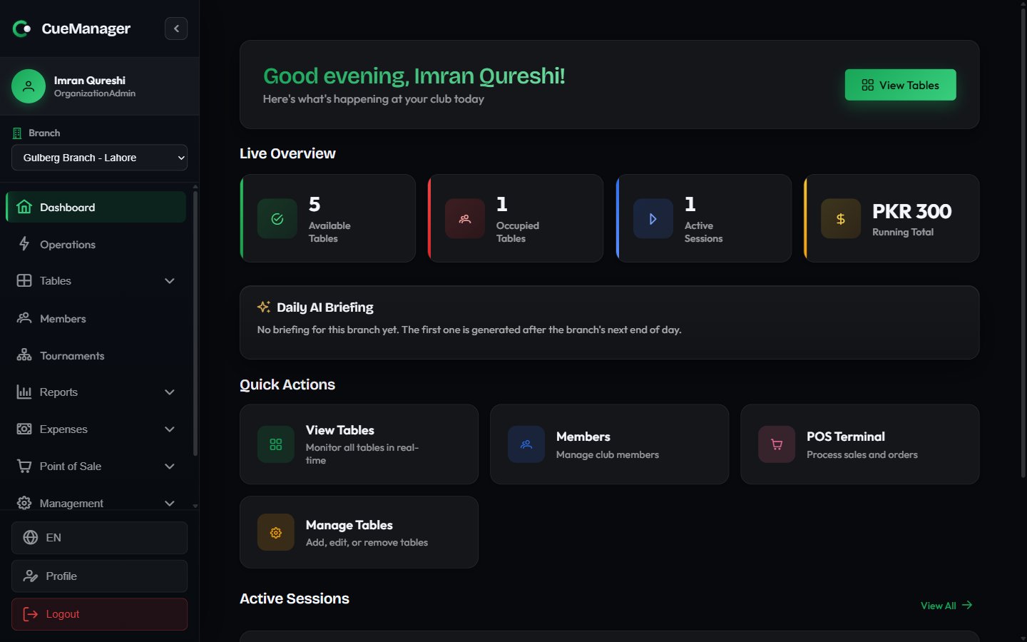 CueManager dashboard showing live table statistics, the daily AI briefing card, and quick action tiles