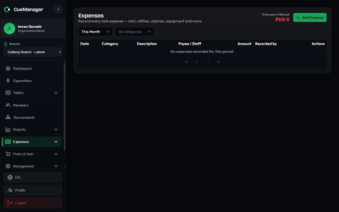 Expenses list showing dated rows with category tags, descriptions, payees, and amounts