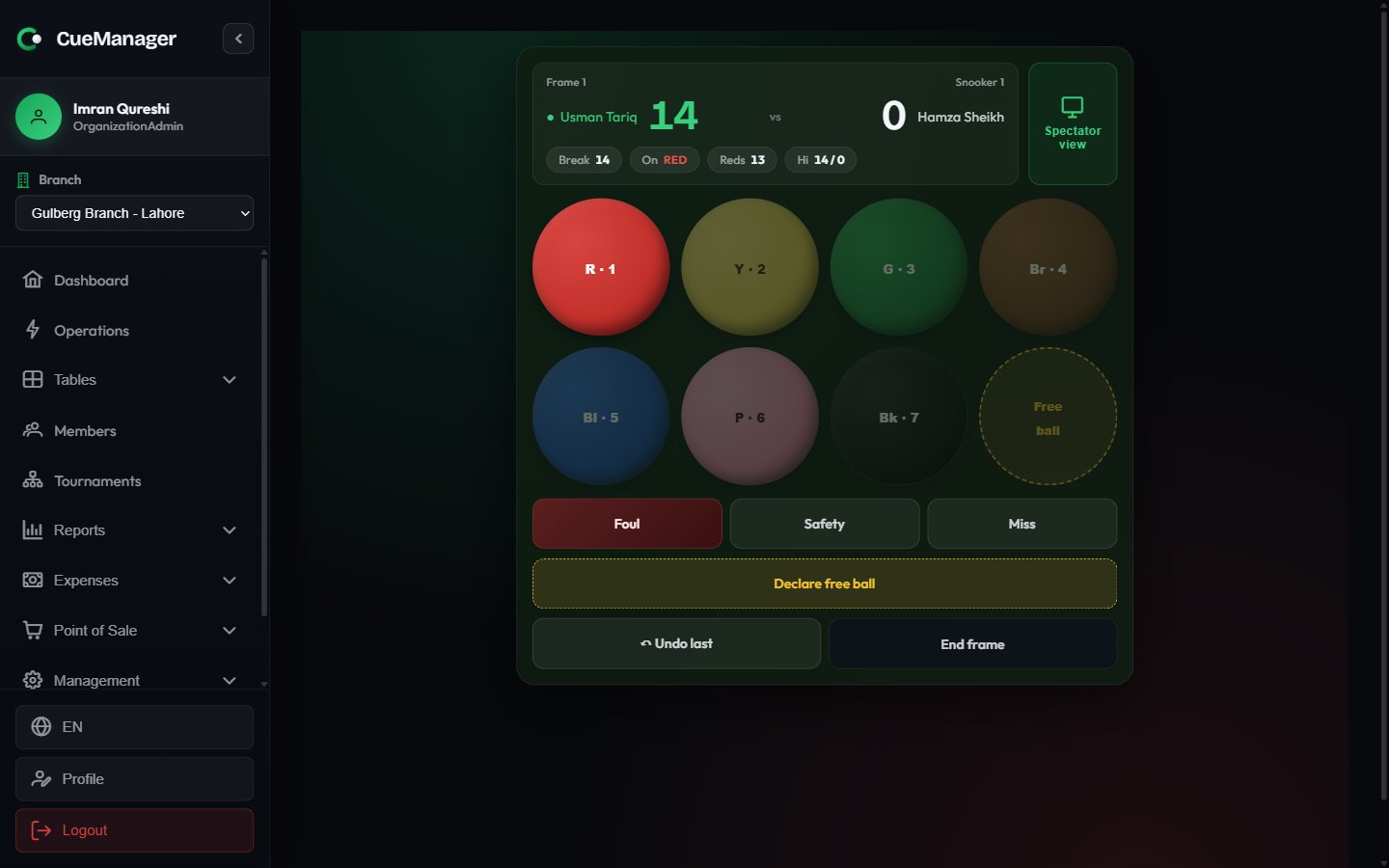 Snooker marker with coloured ball pad, score header and action buttons