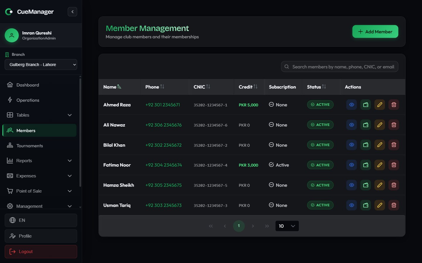 Member Management list showing members with credit balances and subscription status