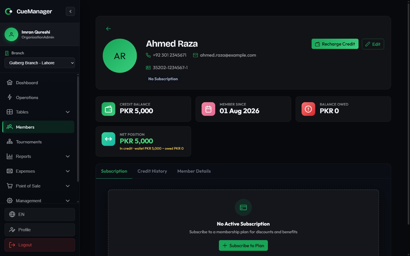 Member profile showing credit balance card and credit history