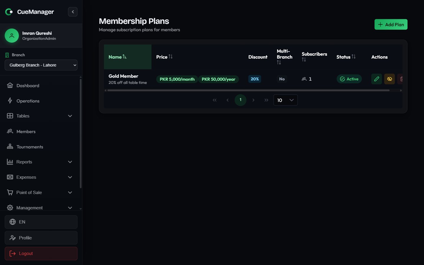 Membership Plans table showing plan names, prices, discounts, and active subscribers
