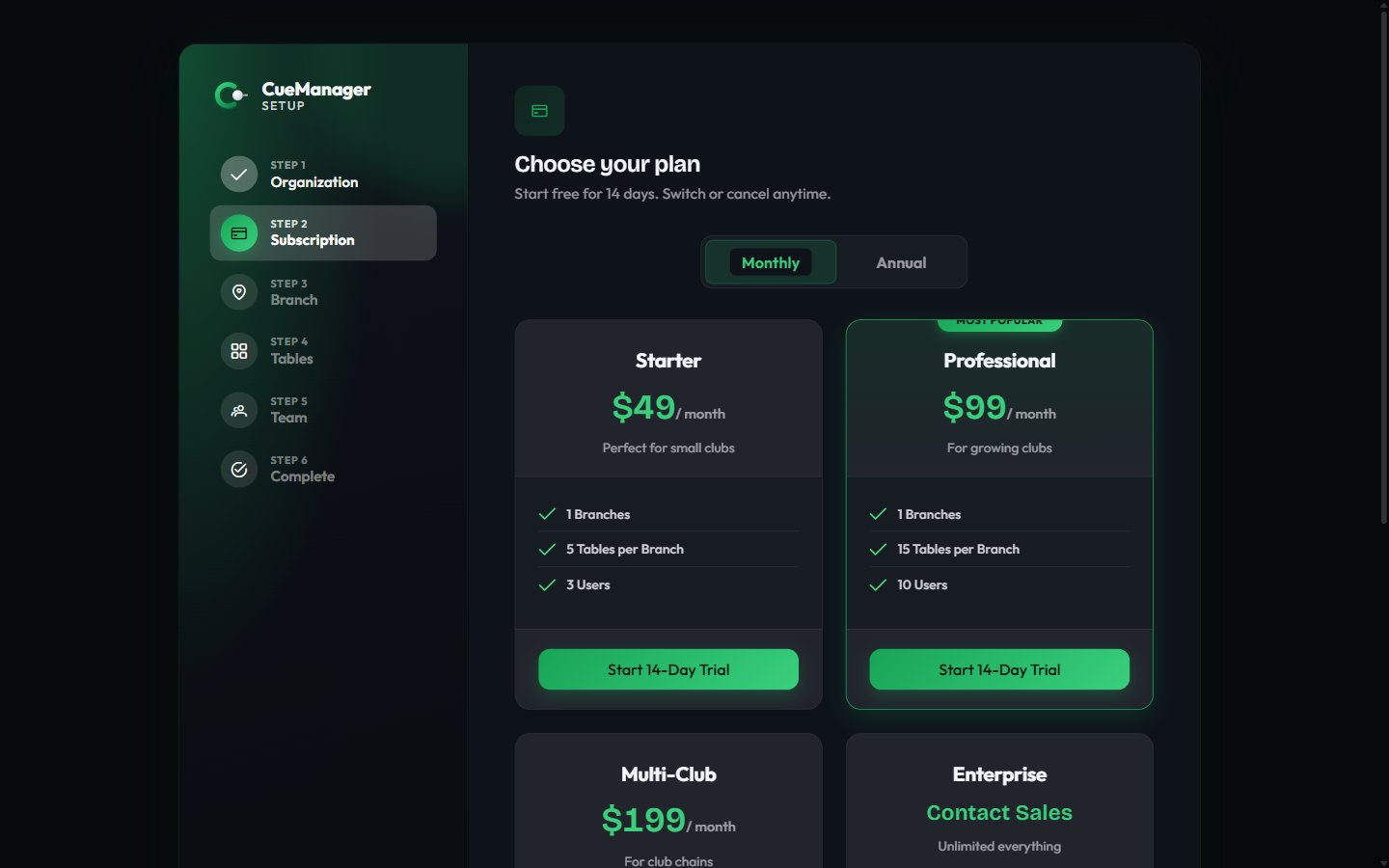Onboarding step 2 showing subscription plan cards with monthly and annual pricing